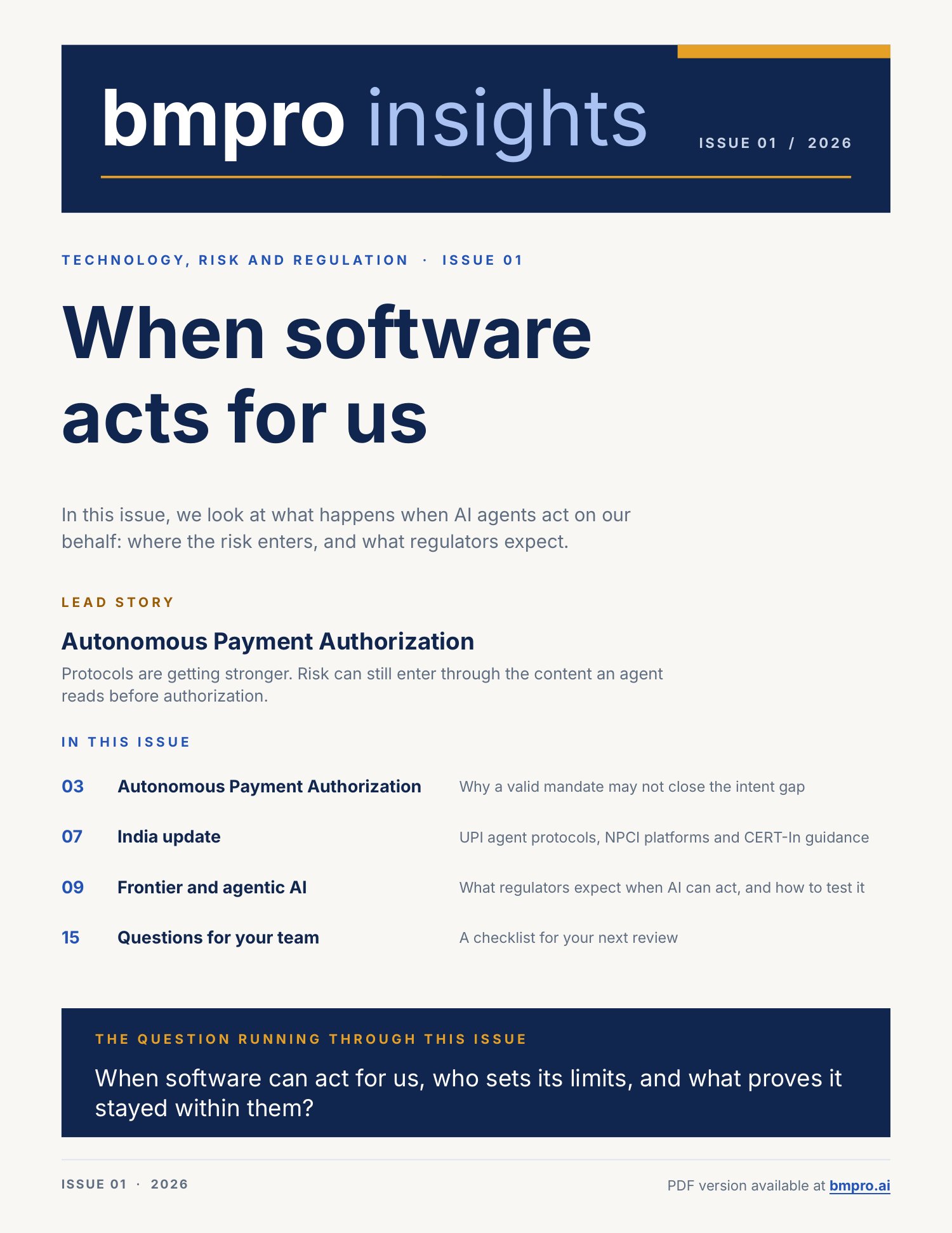 Cover of bmpro's Technology, risk and regulation newsletter, Issue 01: When software acts for us